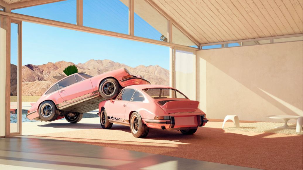 Dos Porsche 911 Carrera RS de color rosa, obra de Chris Labrooy, 2020, Porsche AG