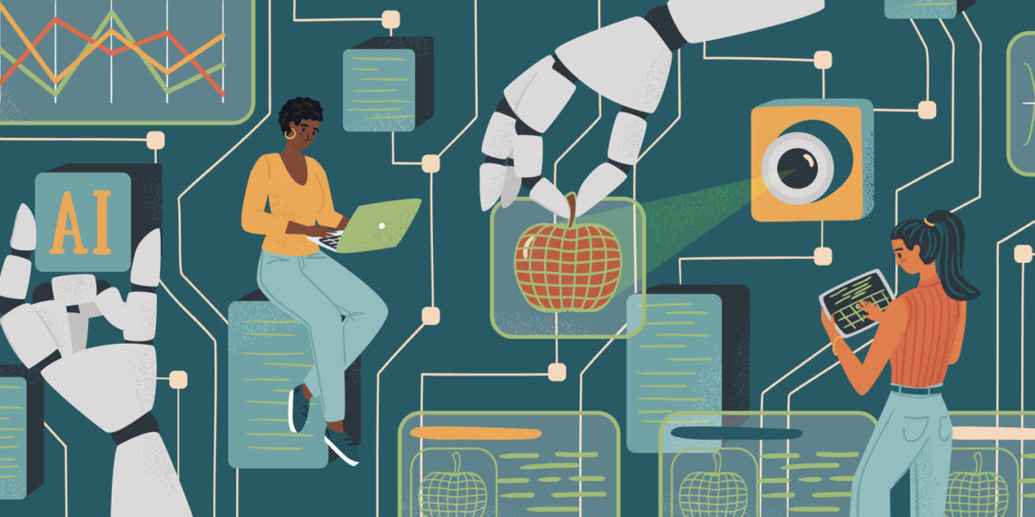 Women in AI concept vector illustration. Woman controls robotic arm with digital tablet. Diversity and Break the science bias. Female developer and engineer in tech. Innovative technologies.