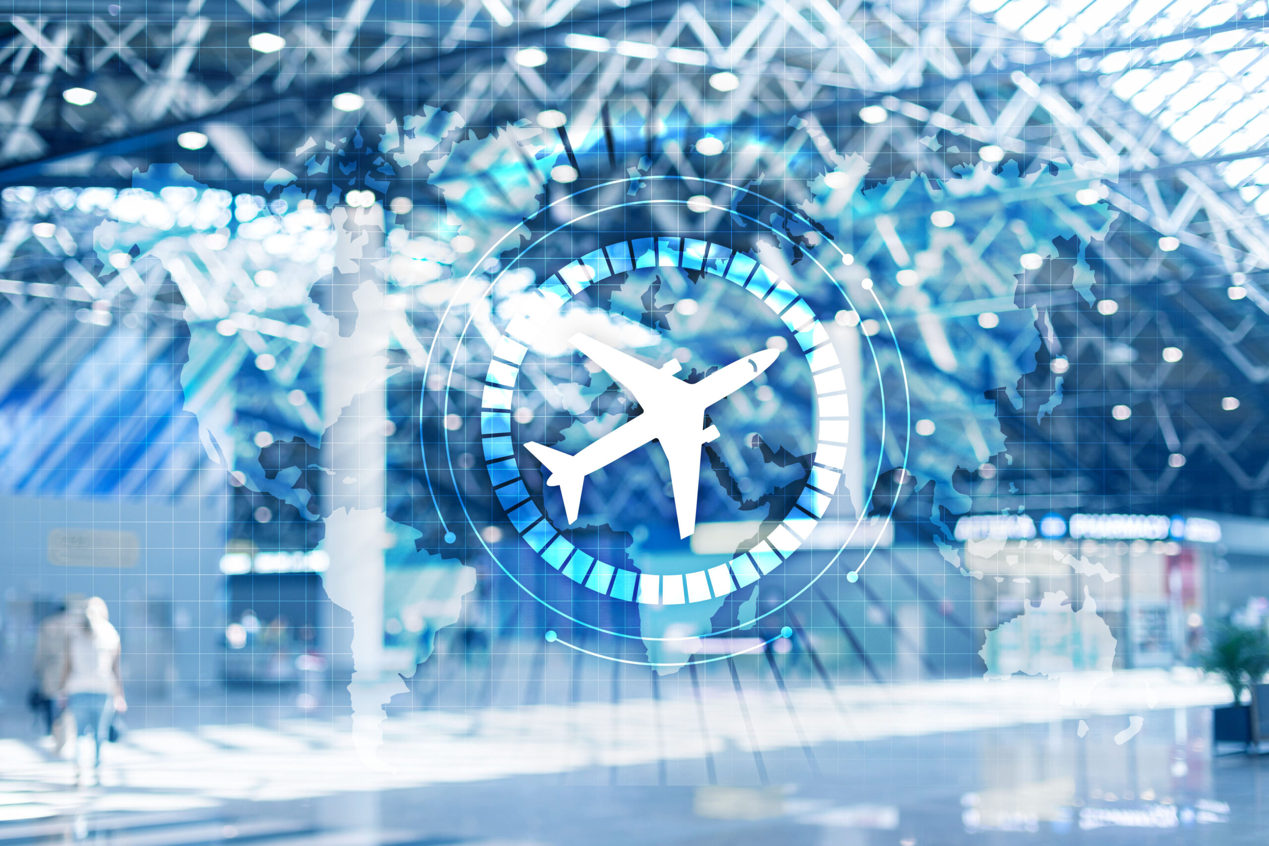 Airplane icon on virtual screen. Airplane transportation route network concept. Business Travel Background